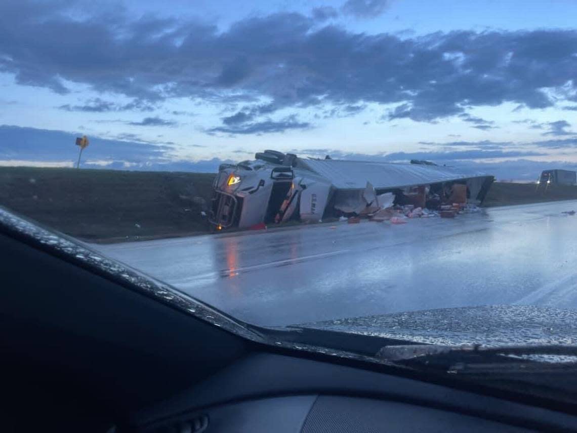 A semi truck overturned on U.S. 287 in Decatur on Tuesday morning.