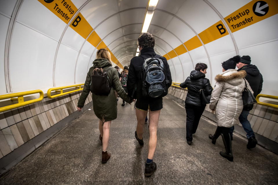 Young people wearing no pants participate in the ‘No Pants Subway Ride’ in Prague, Czech Republic, Jan. 13, 2019. The No Pants Subway Ride is an annual global event started in New York in 2002. (Photo: Martin Divisek/EPA-EFE/REX/Shutterstock)