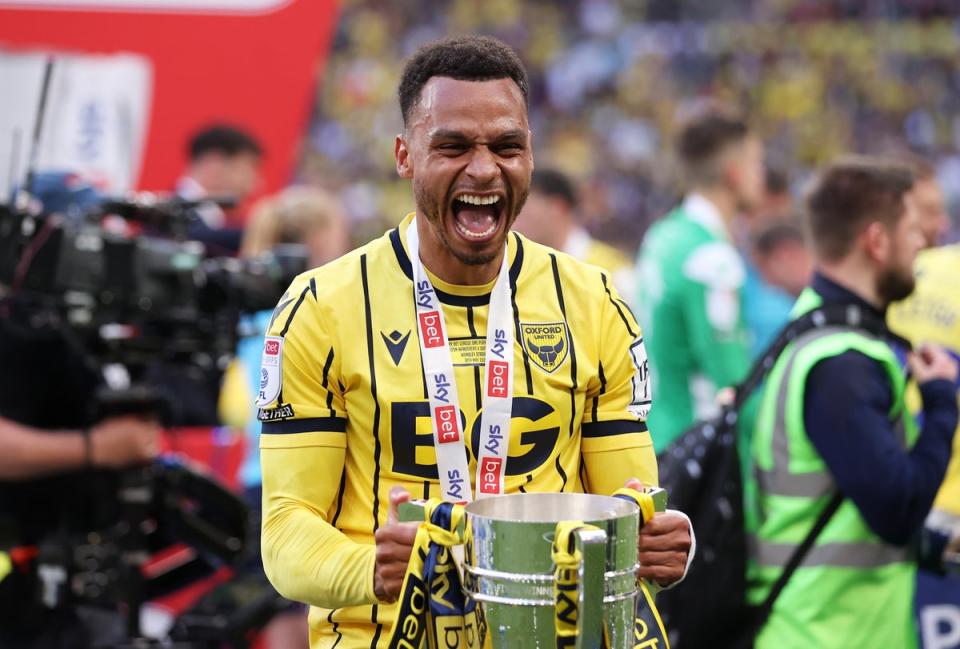 At the double: Josh Murphy fired Oxford into the Championship (Getty Images)