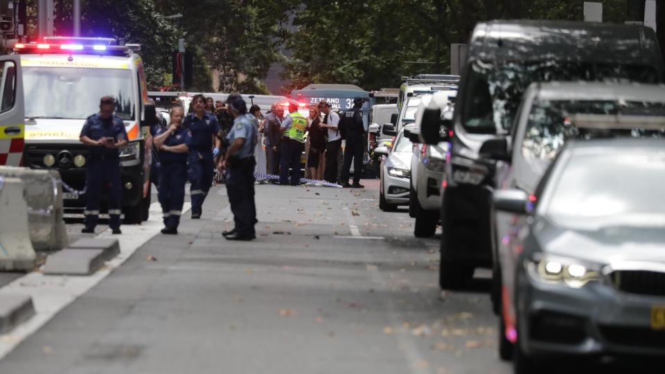 Police officers stand at crime scene in Sydney. 