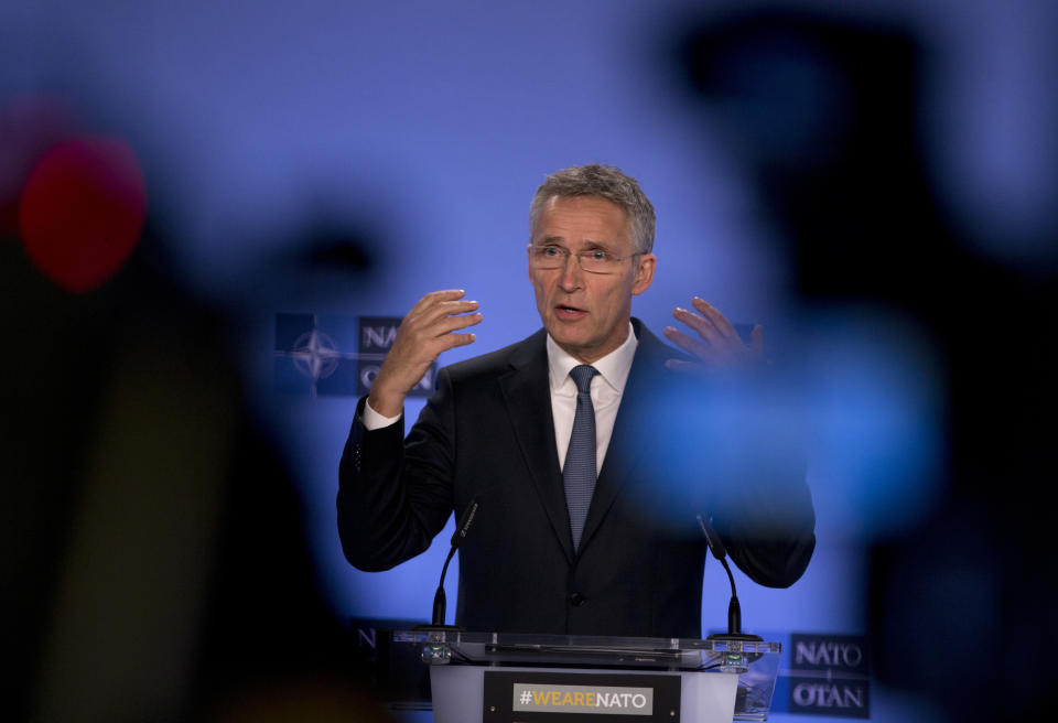 NATO Secretary General Jens Stoltenberg speaks during a media conference after a meeting of the NATO-Russia Council at NATO headquarters in Brussels, Friday, Jan. 25, 2019.