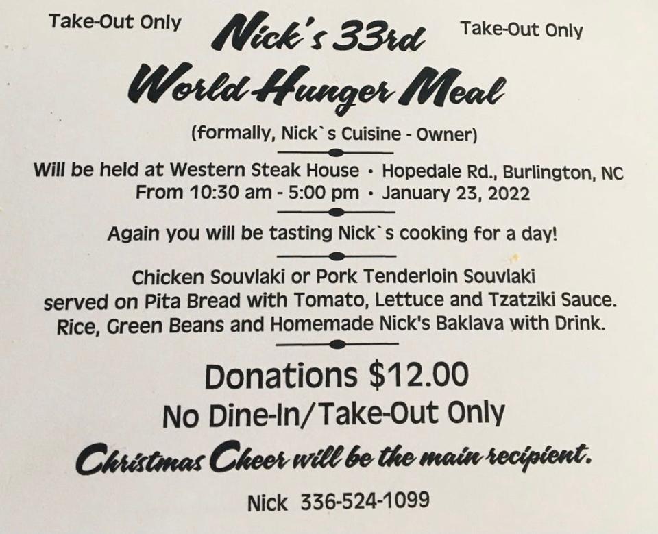 Nick Triantafillis will host his annual World Hunger Meal fundraiser on Jan. 23 at Western Steak House.