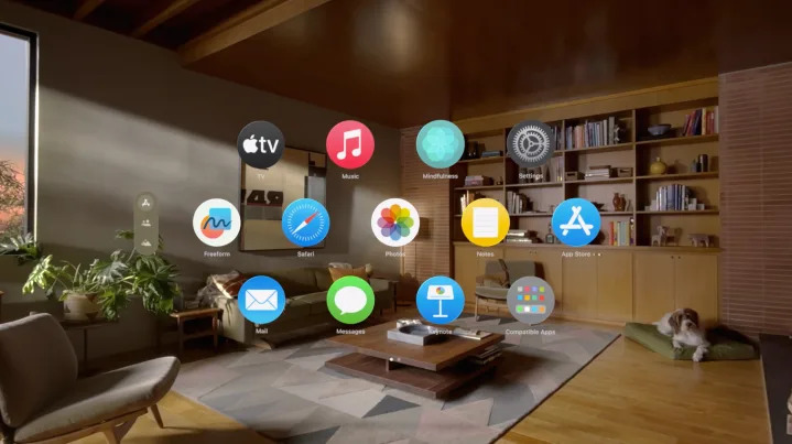 Apple Vision Pro home screen shows floating apps..