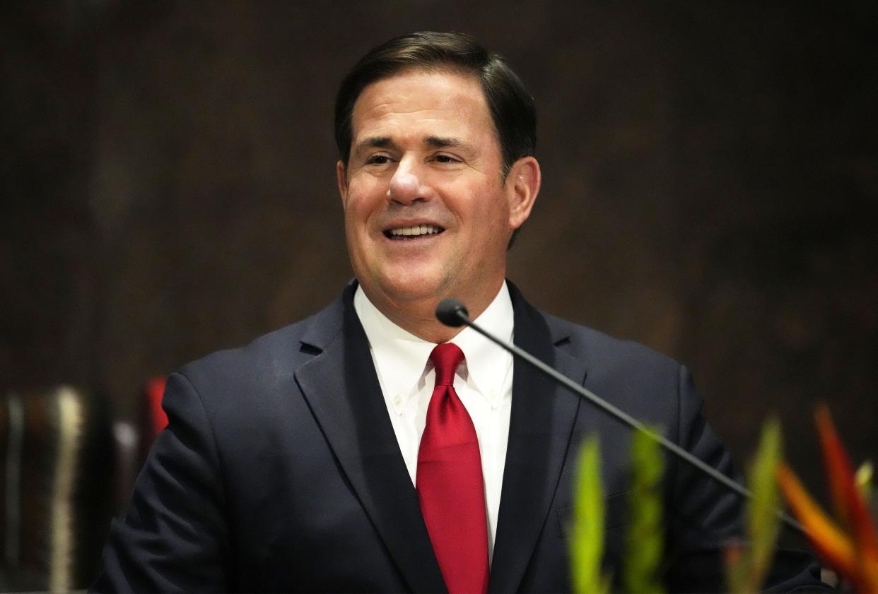 Gov. Doug Ducey gives his final State of the State address during the opening day of the 2022 Arizona legislative session at the state House of Representatives in Phoenix on Jan. 10, 2022.