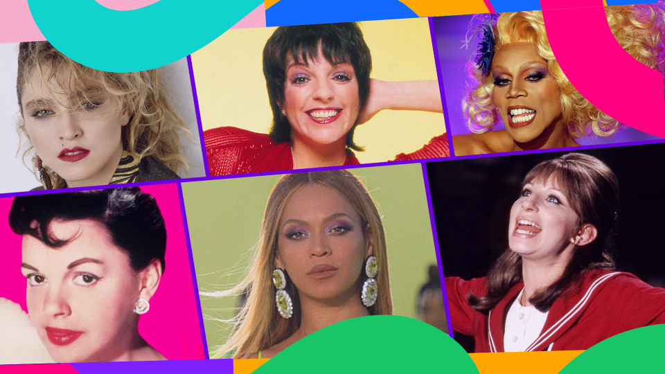 Gay icons through the ages, clockwise from top left: Madonna, Liza Minnelli, RuPaul, Barbra Streisand, Beyoncé, Judy Garland. (Photos: Getty Images; collage by Nathalie Cruz for Yahoo Life)
