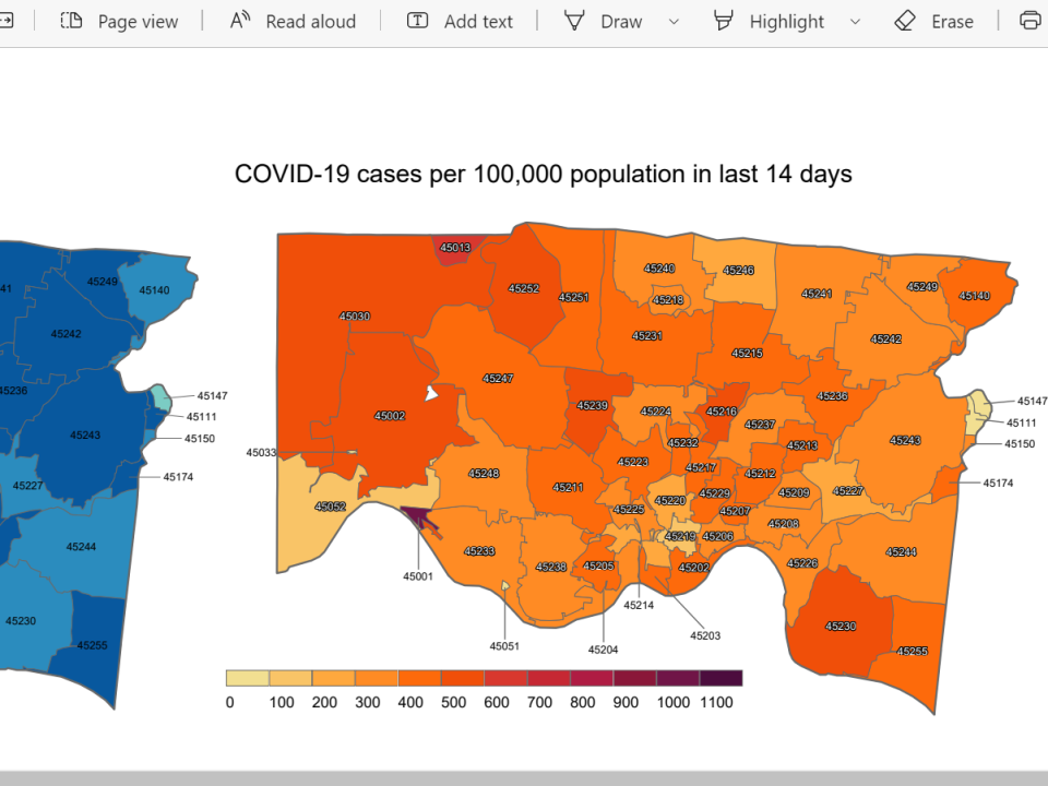 The map shows ZIP codes in Hamilton County where the rate of COVID-19 per 100,000 residents has risen the fastest over the last 14 days, as of Dec. 5, 2021.