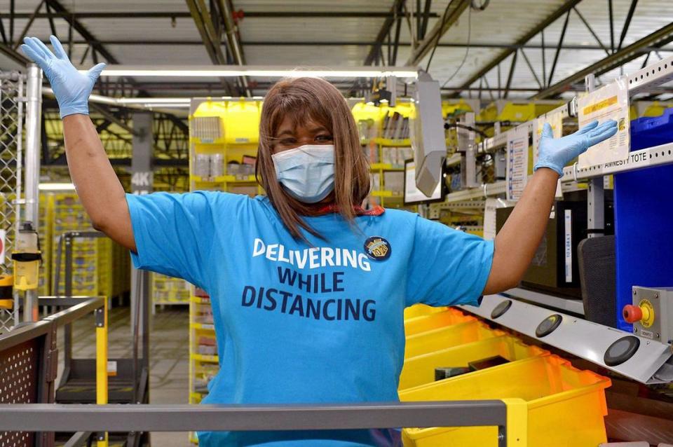 Amazon is looking to hire another 3,500 people in the Charlotte area as it expands operations. Seen here in this file photo is a worker at the company’s CLT4 West Charlotte fulfillment center on Tuckaseegee Road.