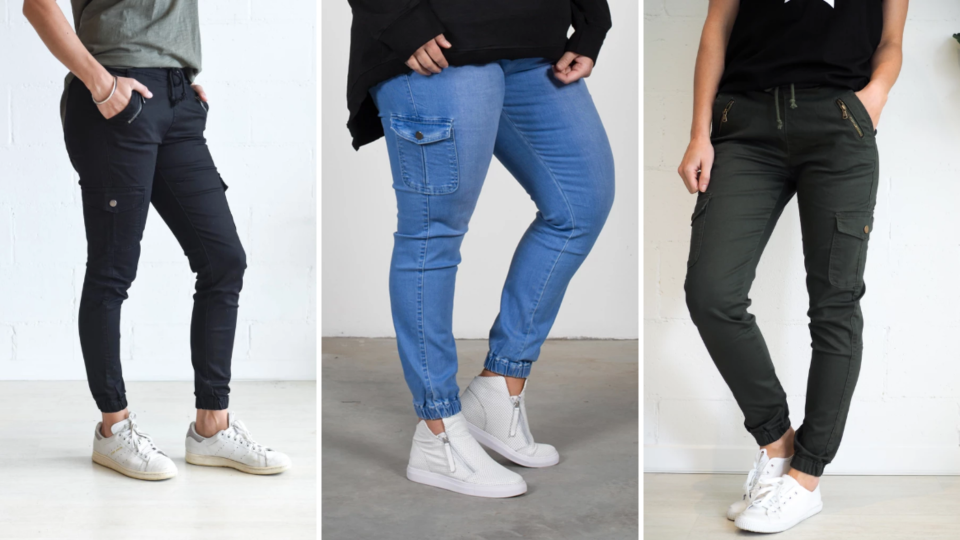 Pictured: Models wearing three different variations of the Jenni Jogger pants. Image: Evergreen Clothing