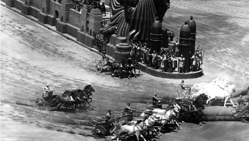 A general view of the chariot race in “Ben-Hur” on a movie set depicting the amphitheater in Jerusalem at the Cinecitta Studios in Rome, Italy, on June 5, 1958. Judah Ben-Hur, played by American actor Charlton Heston, drives the team of four white horses leading the race.