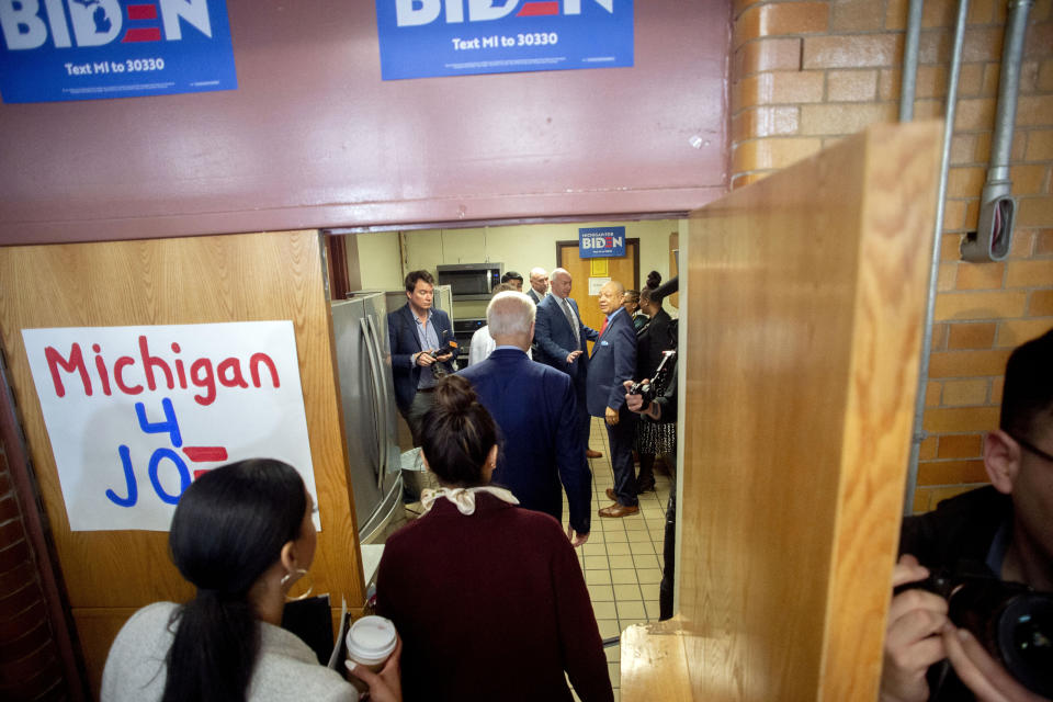 Former Vice President Joe Biden leaves the gymnasium after speaking at a campaign stop on Monday, March 9, 2020 at Berston Field House in Flint. Biden is a candidate for the Democratic nomination for president. (Jake May/The Flint Journal via AP)