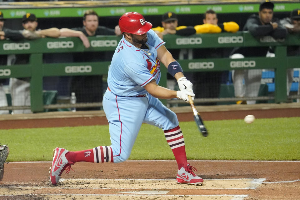 St. Louis Cardinals' Albert Pujols doubles off Pittsburgh Pirates starting pitcher JT Brubaker during the second inning of a baseball game in Pittsburgh, Saturday, Sept. 10, 2022. (AP Photo/Gene J. Puskar)