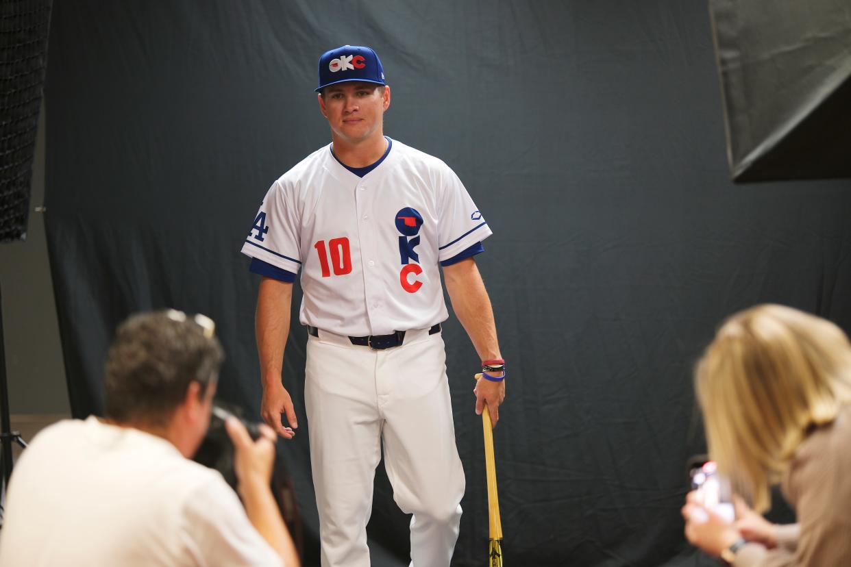 Outfielder Ryan Ward has his photo taken for OKC Baseball Club media day at the Chickasaw Bricktown Ballpark Wednesday, March 27, 2024.