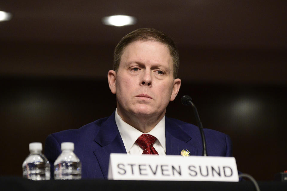 Former U.S. Capitol Police Chief Steven Sund testifies before a Senate Homeland Security and Governmental Affairs & Senate Rules and Administration joint hearing on Capitol Hill, Washington, Tuesday, Feb. 23, 2021, to examine the January 6th attack on the Capitol. (Erin Scott/The New York Times via AP, Pool)