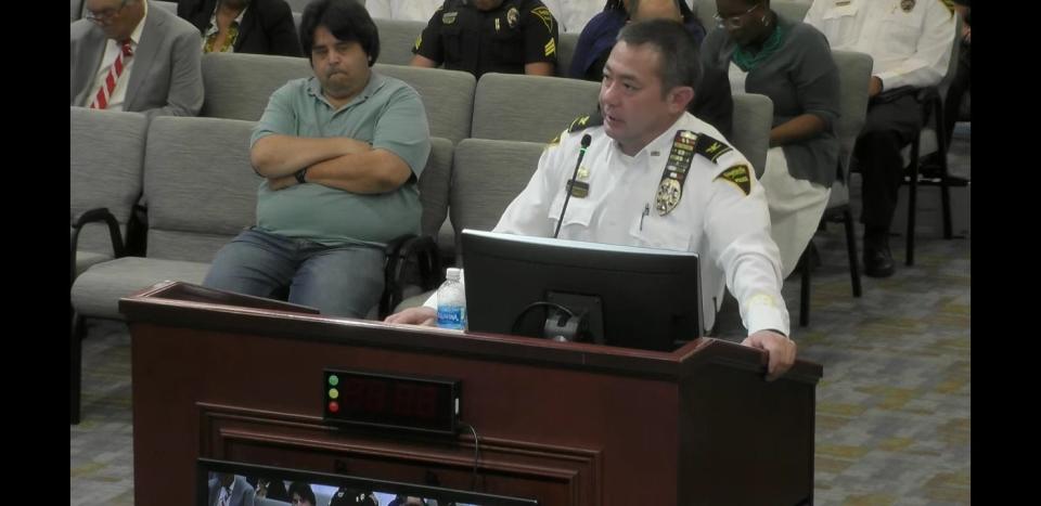 Fayetteville Police Chief Kem Braden gives a report to the Fayetteville City Council about what the department is doing to reduce gun violence. The special meeting was called on Wednesday, Aug. 16, 2023 to address youth gun violence.