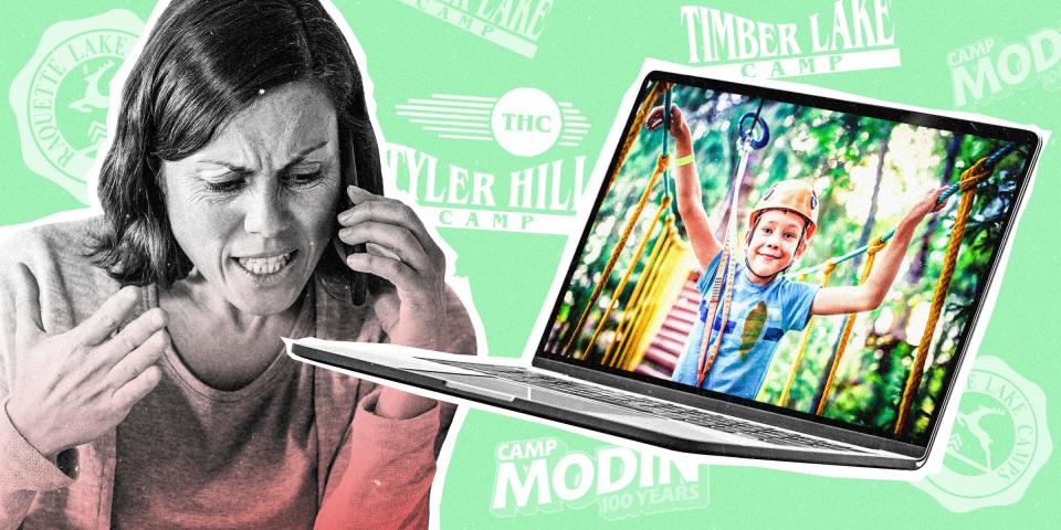 Angry mom on the phone with a photo of her son at camp with a dirty shirt on a laptop. Camp logos are patterned out on a light green background behind them.