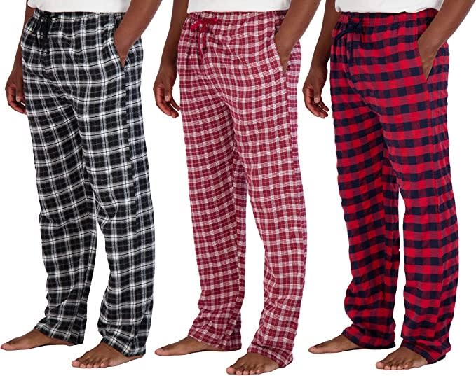 three pairs of plaid pajama pants
