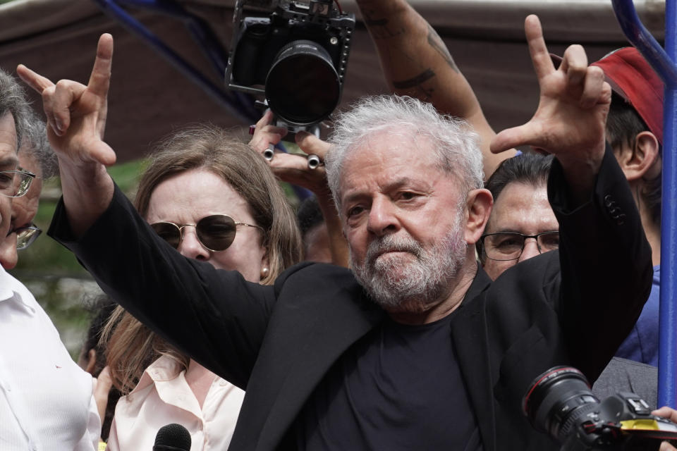 Former Brazilian President Luiz Inacio Lula da Silva acknowledges supporters during a rally at the Metal Workers Union headquarters, in Sao Bernardo do Campo, Brazil, Saturday, Nov. 9, 2019. Da Silva addressed thousands of jubilant supporters a day after being released from prison. "During 580 days, I prepared myself spiritually, prepared myself to not have hatred, to not have thirst for revenge," the former president said. (AP Photo/Leo Correa)