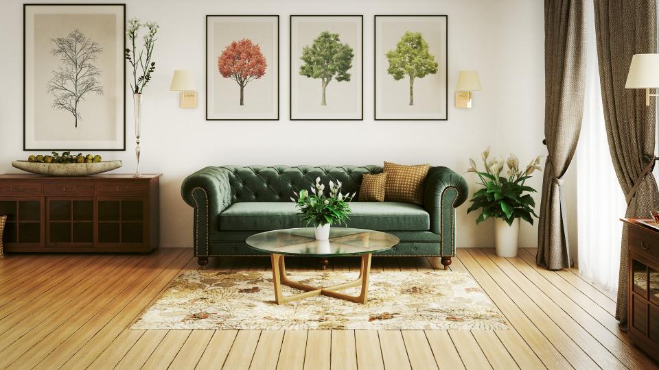 Digitally generated luxurious and stylish home interior (living room) with high-quality furniture and props.