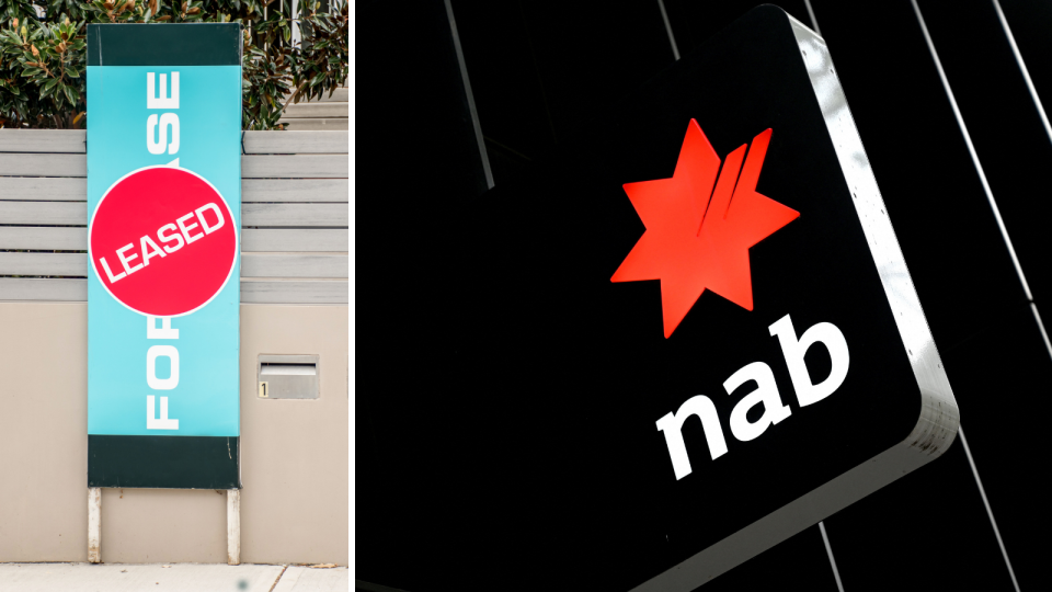 A 'leased' sign outside a residential property and a NAB sign and logo.