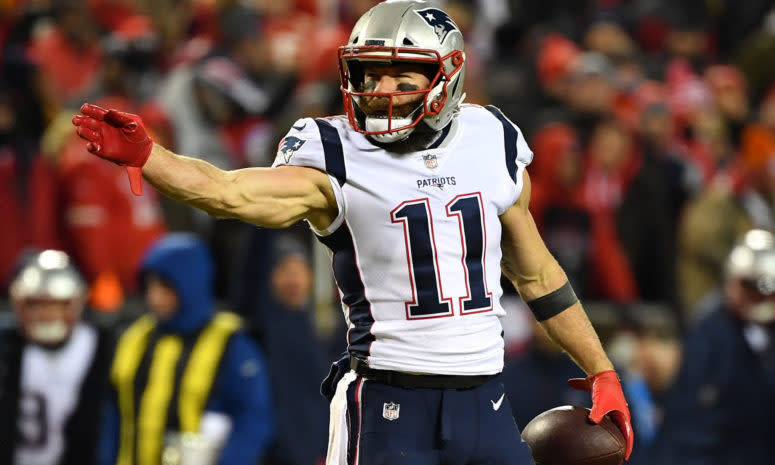 New England Patriots receiver Julian Edelman celebrating a first down.