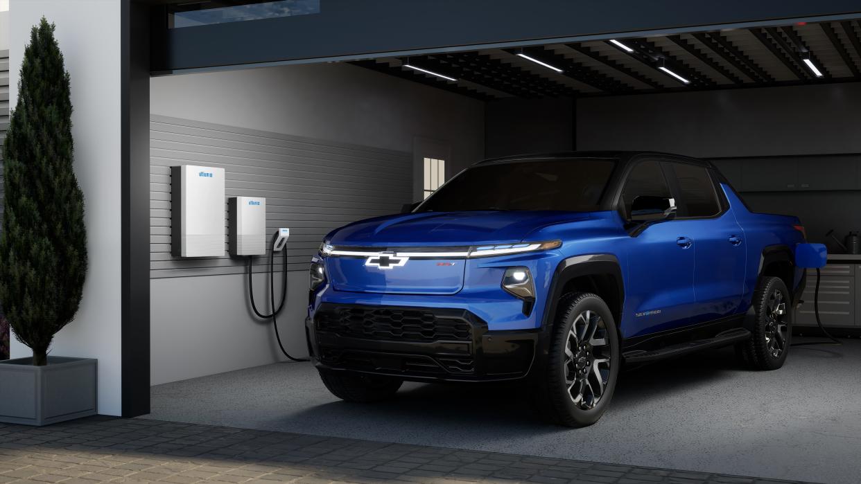 GM Energy's new Ultium Home products seen here with the 2024 Chevy Silverado EV.