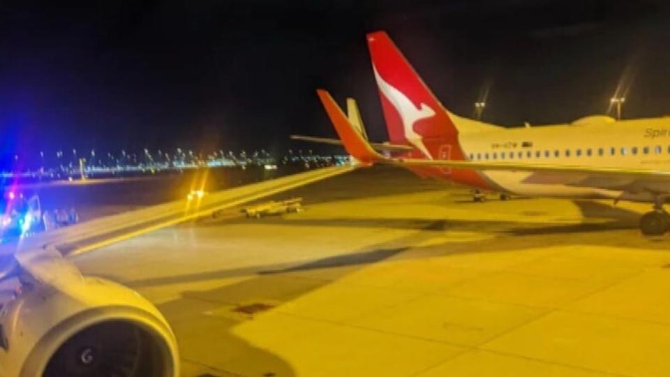 The wingtips of two Qantas planes collided at Perth airport. picture: Nine