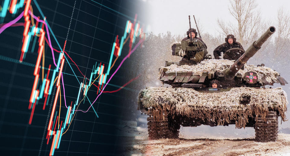 A chart showing movements of investments on a black background and Russian troops on a tank.