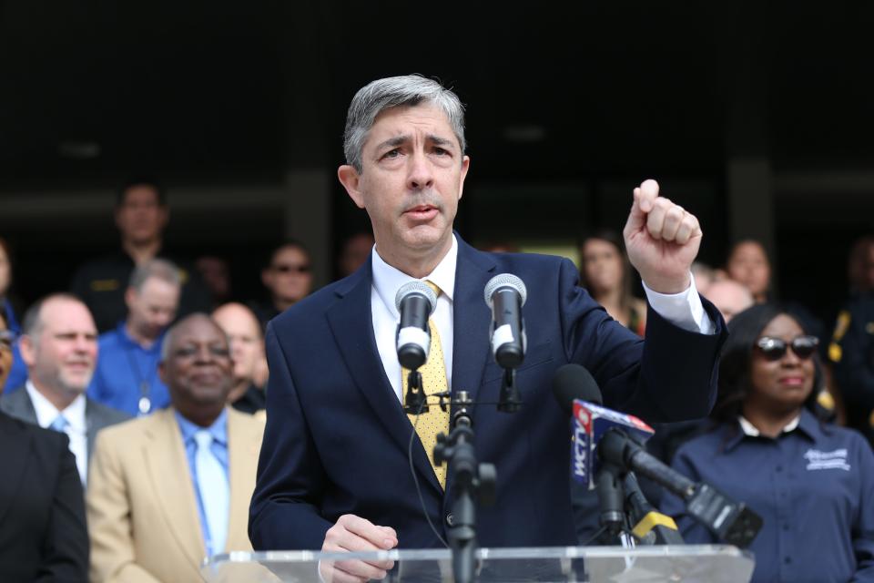 City Manager Reese Goad speaks at a news conference held to announce Lawrence Revell as the new Tallahassee Police Department chief at TPD headquarters in 2019. Goad's job could end up being on the line in Tuesday's election.