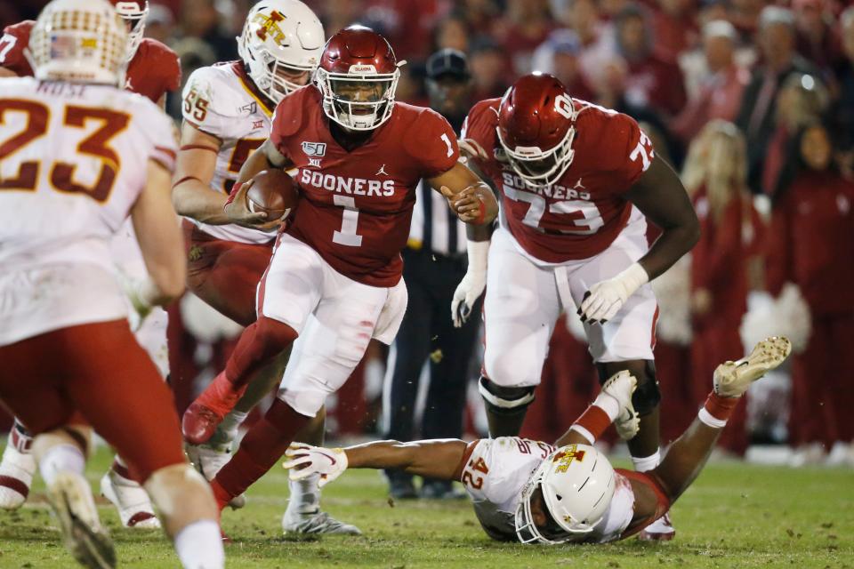 Oklahoma quarterback Jalen Hurts (1) during an NCAA college football game between Iowa State and Oklahoma in Norman, Okla., Saturday, Nov. 9, 2019.