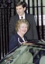 Margaret Thatcher leaves 10 Downing Street in London for the last time as British prime minister on November 27, 1990. Thatcher has died following a stroke at the age of 87, her spokesman said