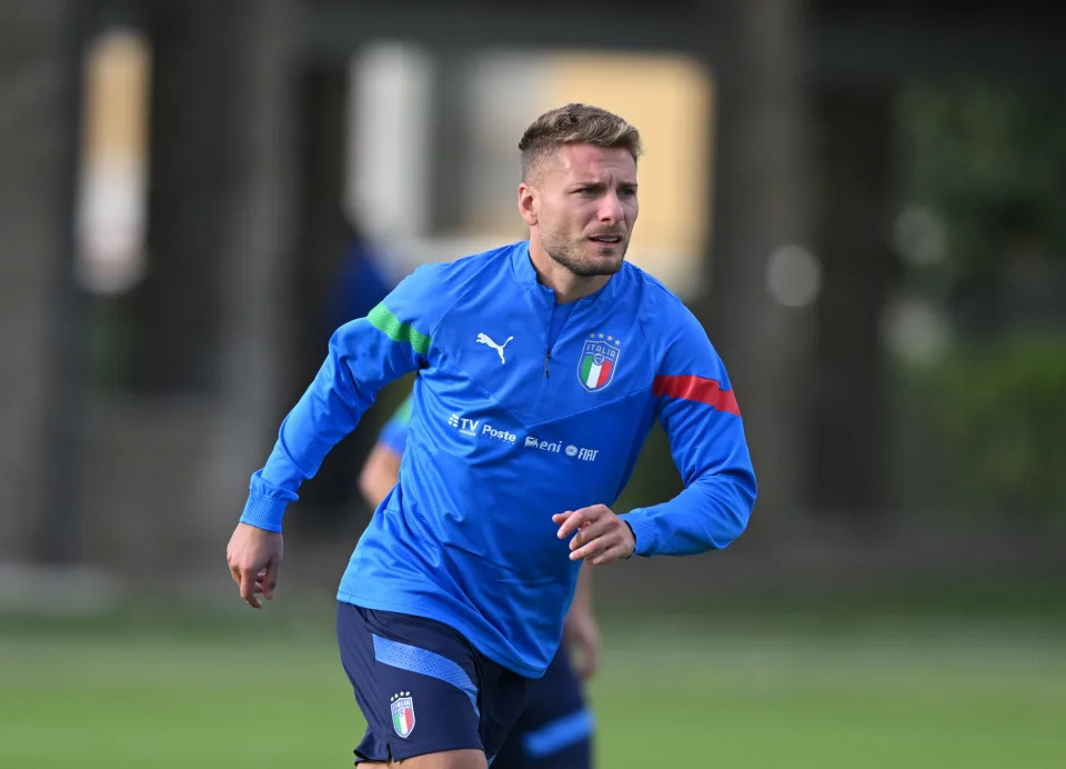 FLORENCE, ITALY - SEPTEMBER 19: Ciro Immobile  of Italy in action during the training session at Centro Tecnico Federale di Coverciano on September 19, 2022 in Florence, Italy. (Photo by Claudio Villa/Getty Images)