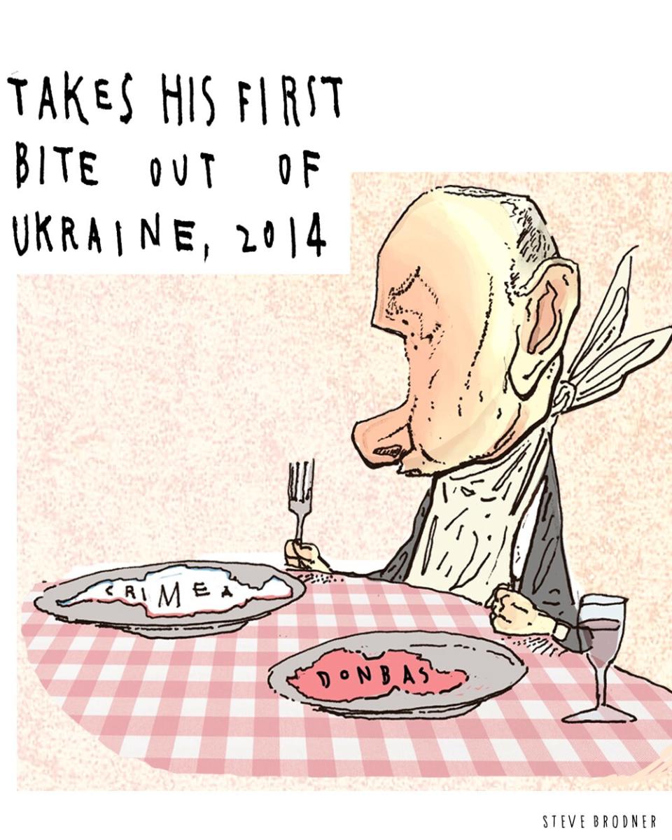 Putin at a table with Crimea and Donbas on dinner plates. Text: "Takes his first bite out of Ukraine, 2014"