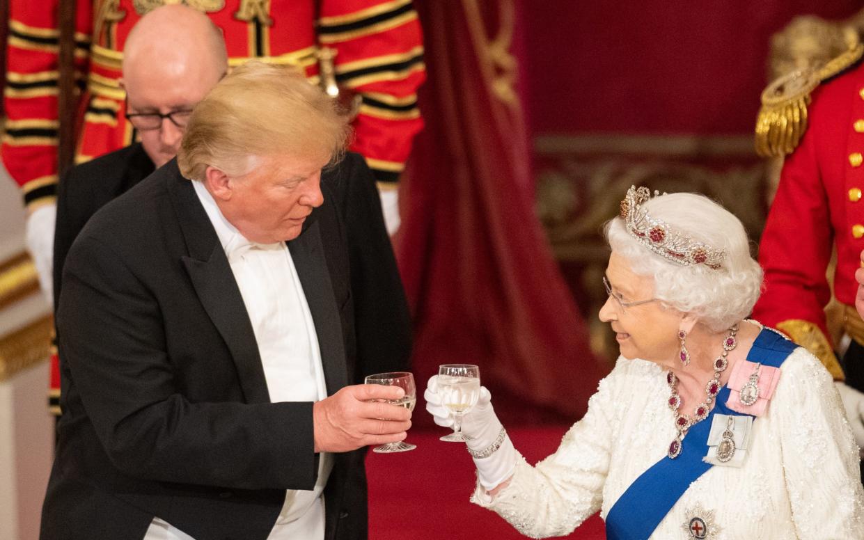 Donald Trump and Queen Elizabeth II during the State Banquet at Buckingham Palace in 2019