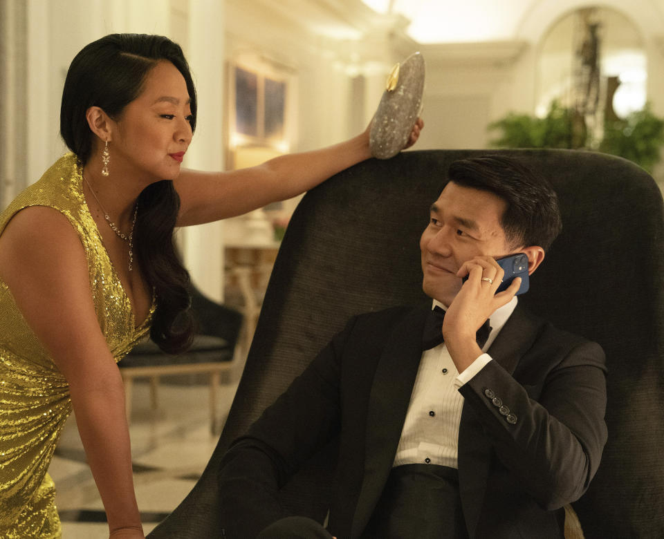 This image released by Sony Pictures Classics shows Stephanie Hsu, left, and Ronny Chieng in a scene from "Shortcomings." (Jon Pack/Sony Pictures Classics via AP)