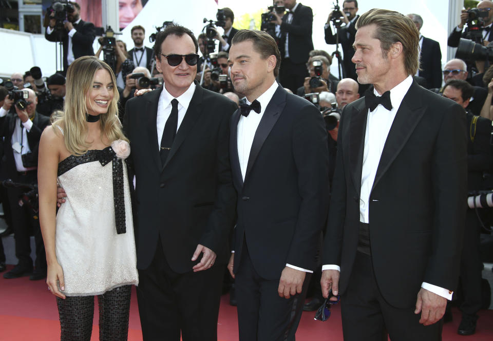 Actress Margot Robbie, from left, Quentin Tarantino, actors Leonardo DiCaprio and Brad Pitt pose for photographers upon arrival at the premiere of the film 'Once Upon a Time in Hollywood' at the 72nd international film festival, Cannes, southern France, Tuesday, May 21, 2019. (Photo by Joel C Ryan/Invision/AP)