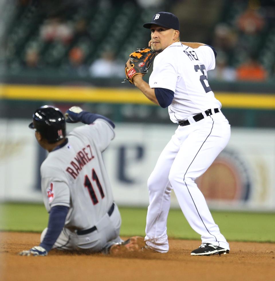 Tigers second baseman Hernan Perez gets the force out at second Indians shortstop Jose Ramirez during the eighth inning of the Tigers' 13-1 loss Friday at Comerica Park.