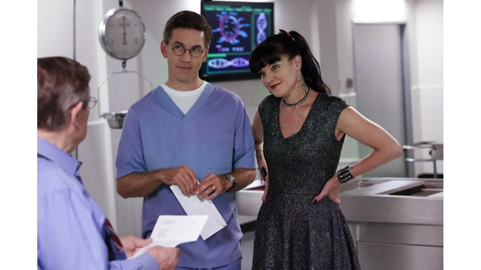 Brian Dietzen  and Pauley Perrette in a scene from NCIS in 2017