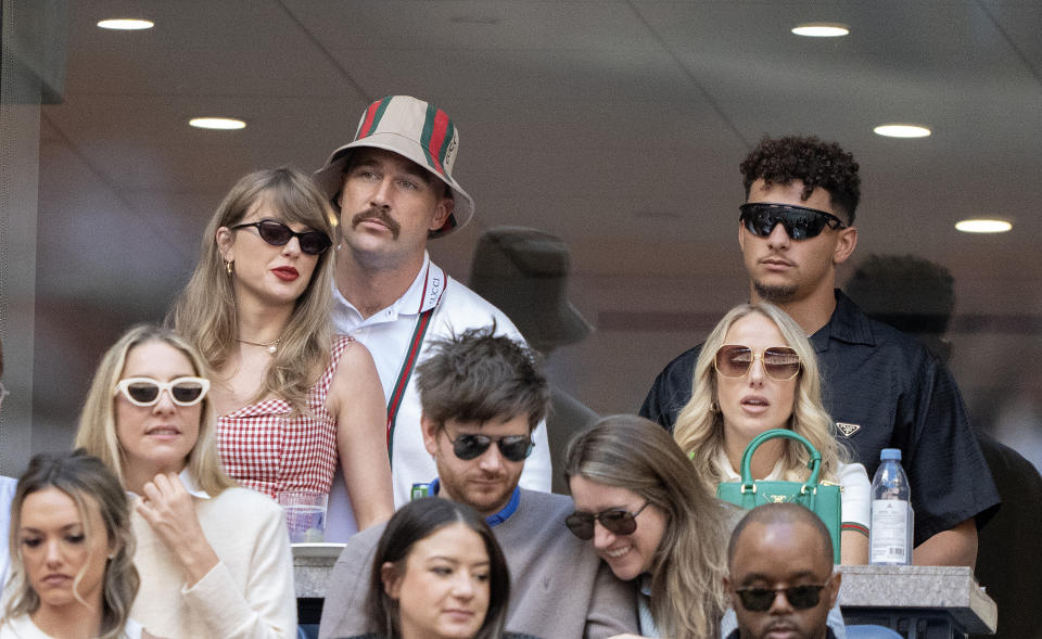 NEW YORK, NY - SEPTEMBER 8: Singer-songwriter Taylor Swift, Travis Kelce and Patrick Mahomes of the Kansas City Chiefs and Brittany Mahomes attend the Men's Singles Final match between Taylor Fritz of the United States and Jannik Sinner of Italy on Day Fourteen of the 2024 US Open at the USTA Billie Jean National Tennis Center on September 8, 2024 in the Flushing neighborhood of the Queens borough of New York City. (Photo by Susan Mullane/ISI Photos/Getty Images)