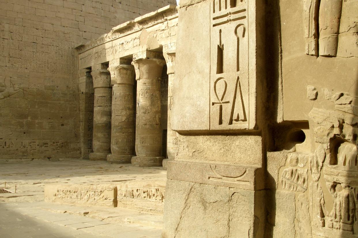 Ancient Egypt hieroglyphics. The Temple of Ramesses III at Medinet Habu is an important New Kingdom structure of orthodox design with more than 7,000 m2 of decorated wall reliefs. The walls are relatively well preserved. Thebes, Luxor, Egypt.