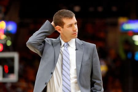 May 19, 2018; Cleveland, OH, USA; Boston Celtics head coach Brad Stevens reacts after the first half against the Cleveland Cavaliers in game three of the Eastern conference finals of the 2018 NBA Playoffs at Quicken Loans Arena. Mandatory Credit: Rick Osentoski-USA TODAY Sports