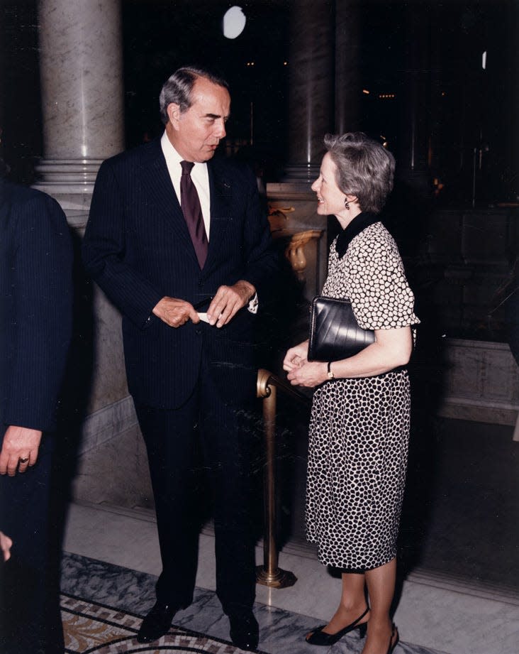 Bob Dole and Nancy Kassebaum-Baker talk in 1980.