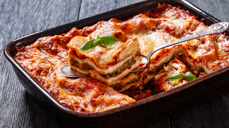 dish of lasagna with basil