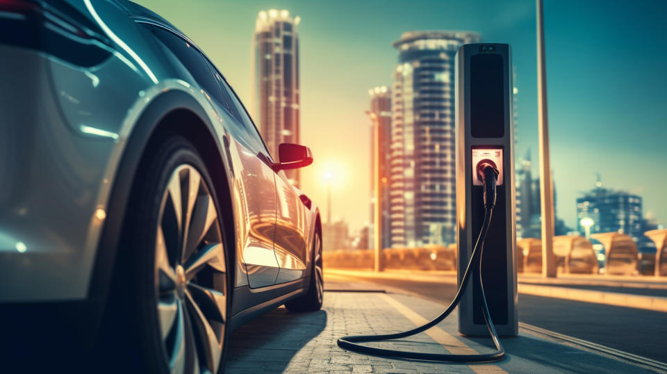 A brand new electric vehicle charging at a charging station with a city skyline in the background.