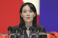 FILE - This photo provided by the North Korean government, Kim Yo Jong, sister of North Korean leader Kim Jong Un, delivers a speech during a national meeting against the coronavirus, in Pyongyang, North Korea on Aug. 10, 2022. Independent journalists were not given access to cover the event depicted in this image distributed by the North Korean government. The content of this image is as provided and cannot be independently verified. (Korean Central News Agency/Korea News Service via AP, File)