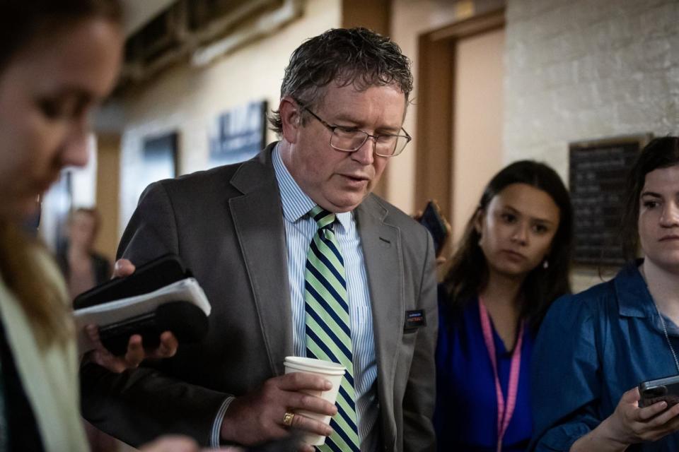 PHOTO: Thomas Massie speaks with reporters after announcing that he will co-sponsor a resolution to remove Mike Johnson from the Speaker's post, Washington, DC, April 16, 2024. (Allison Bailey/NurPhoto via Shutterstock)