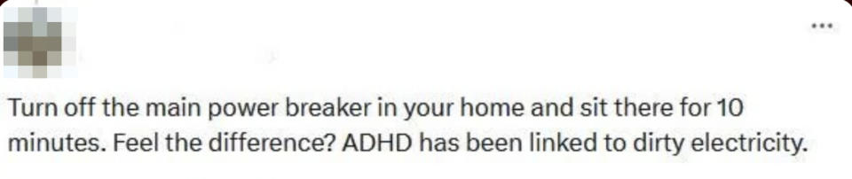 Text explains: "Turn off the main power breaker in your home and sit there for 10 minutes. Feel the difference? ADHD has been linked to dirty electricity."