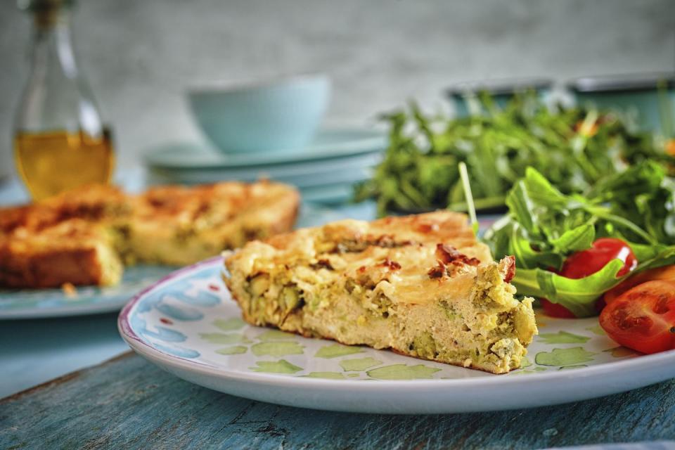 mediterranean diet frittata with green asparagus, peas and parmesan