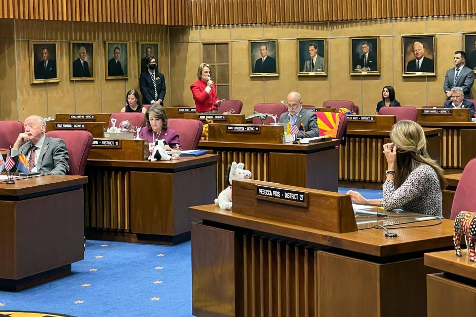 Arizona Republican Sen. Wendy Rogers (standing in the background) defends her inflammatory comments ahead of a censure vote in the Senate on  March 1, 2022, at the state Capitol in Phoenix. The Senate voted 24-3 to censure Rogers, whose embrace of white nationalism and calls for violence drew condemnation from across the political spectrum.