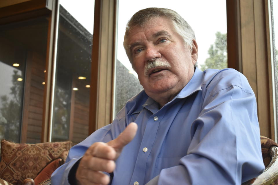 FILE - Former Rep. Denny Rehberg speaks during an interview at his home, May 23, 2024, in Billings, Mont. The former six-term Republican lawmaker is running in the primary election for an open U.S. House seat in eastern Montana, Tuesday, June 4, 2024. (AP Photo/Matthew Brown, File)