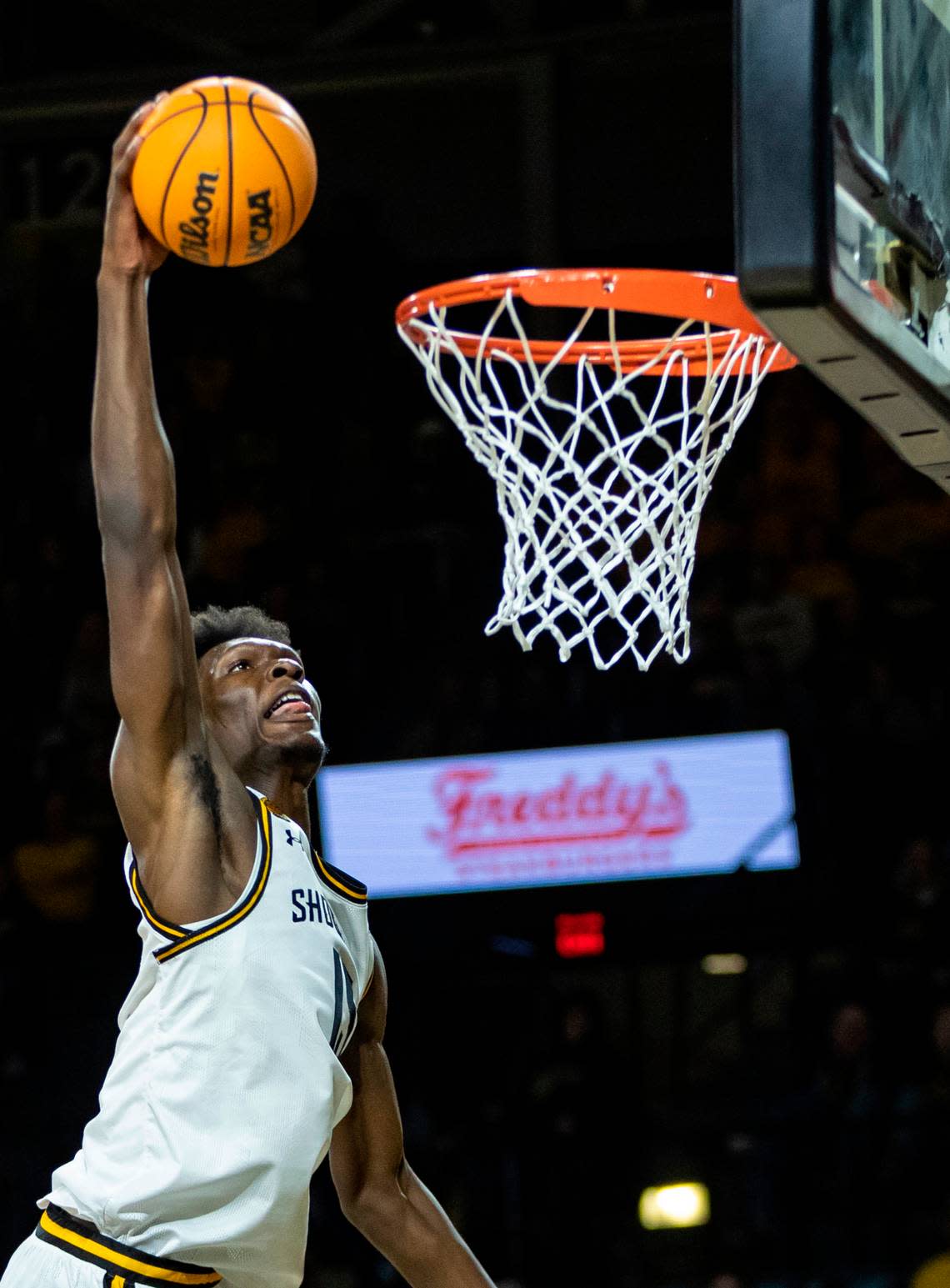 Wichita State’s Quincy Ballard dunks the ball during the second half against Central Arkansas on Monday night.